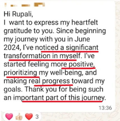 WhatsApp testimonial about feeling more positive and making real progress