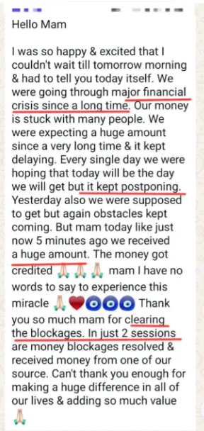 WhatsApp testimonial about releasing money blocks