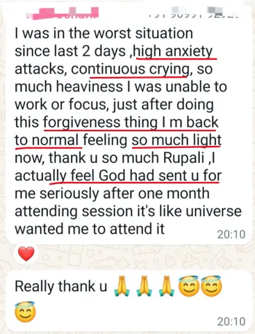 WhatsApp testimonial about relief from anxiety after a forgiveness session