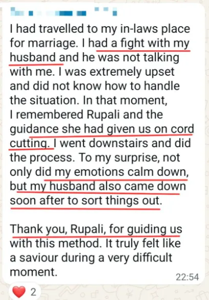WhatsApp testimonial about cord cutting healing a relationship