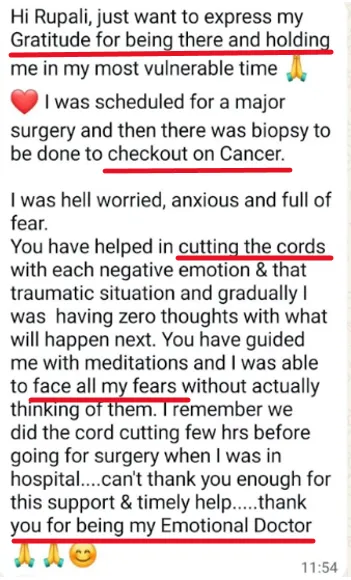 WhatsApp testimonial about facing fears before surgery